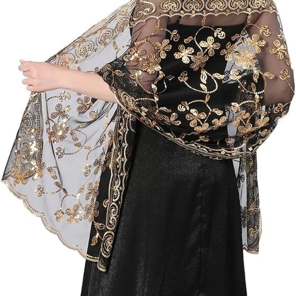 Shawls and Wraps for Evening Dresses,Women Formal 1920s Sequin Flower Sheer Shaw - Picture 7 of 8